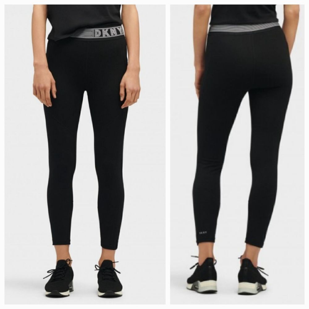 DKNY Sport High Waist Compression Leggings Side Pockets Track Logo Black/Pink L - Picture 2 of 12